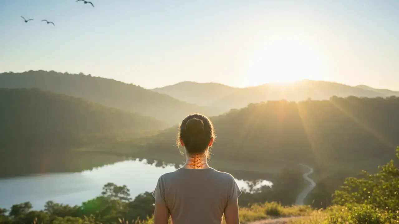 Caminho iluminado e pessoa andando, simbolizando um novo horizonte e um caminho sem dor no pescoço crônica.