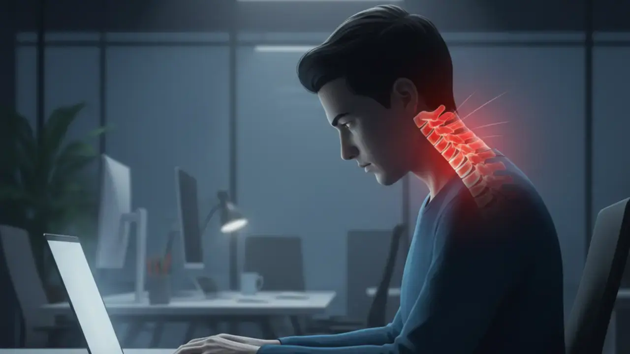 Mulher sentada com postura inadequada em frente ao computador, uma das principais causas de dor no pescoço crônica.