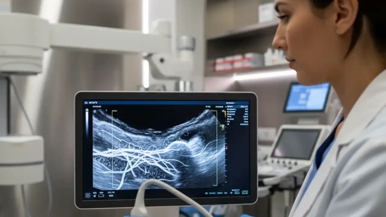 Médica especialista em dor utilizando ultrassom para guiar a agulha com precisão durante uma injeção para dor, demonstrando segurança e técnica avançada.