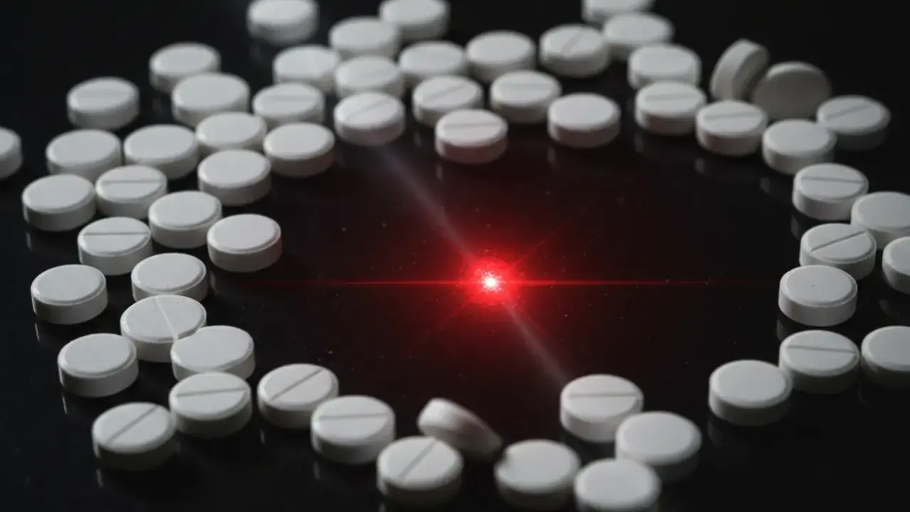 Pílulas de remédios espalhadas, simbolizando que medicamentos orais nem sempre resolvem a dor na sua origem, justificando a injeção para dor.